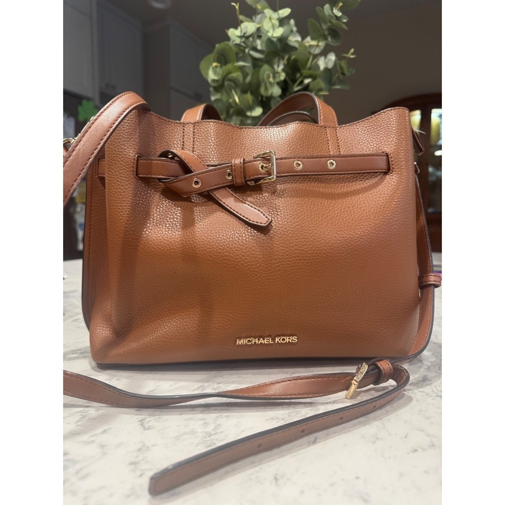 Michael Kors Brown Pebbled Leather Belted Satchel Crossbody Bag Gold Hardware